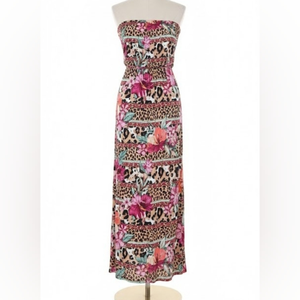 Lascana for Venus Strapless Maxi Dress Large Floral Animal Print Pockets EUC